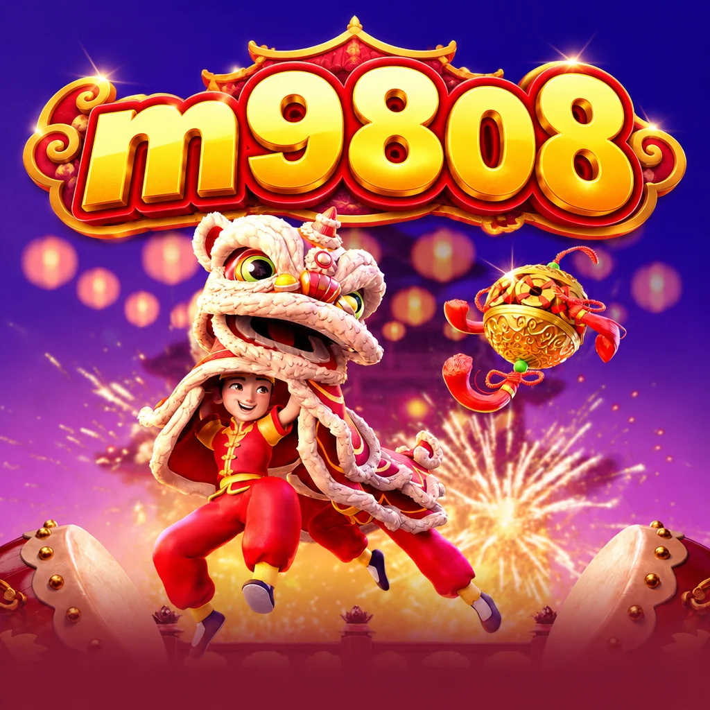 โลโก้ m9808 พร้อมภาพเด็กเชิดสิงโตและลูกแก้วมงคลในเกม Prosperity Lion